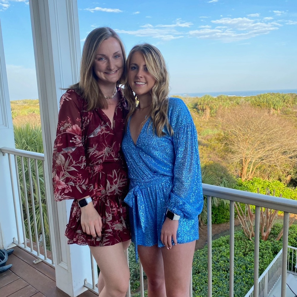 Sequin Wrap Romper in Bright Blue